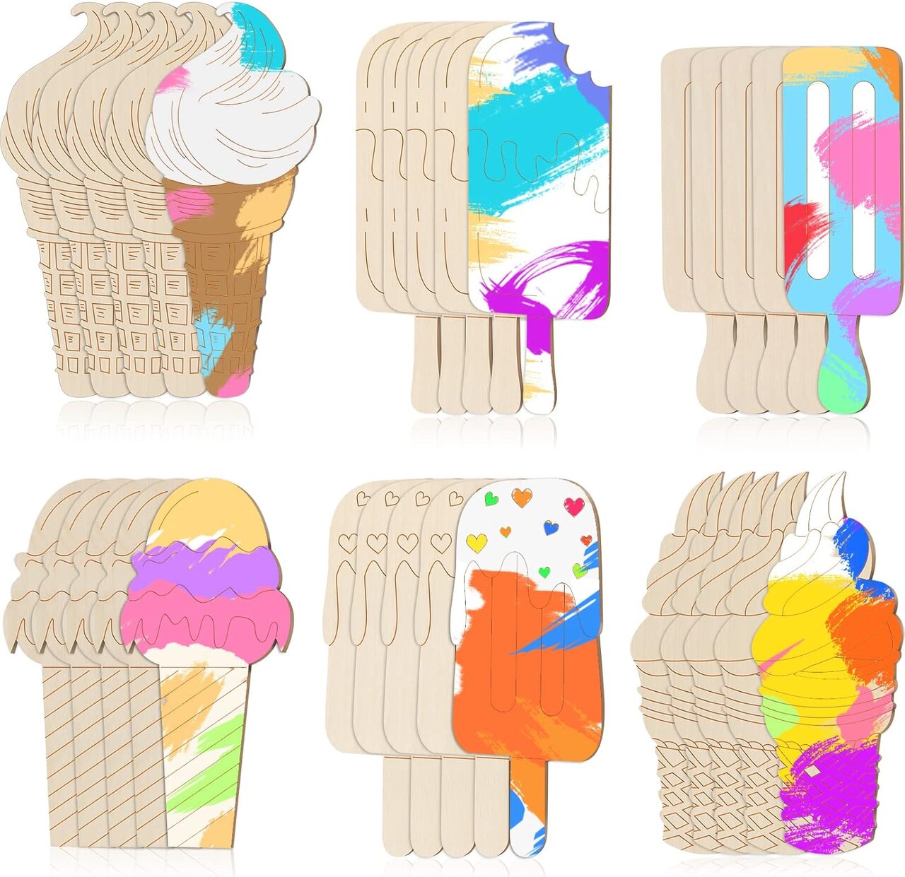 30 Pieces Ice Cream Wood Cutouts Crafts Bulk Color Your Own Ice Cream Cones Unfinished DIY Coloring Wooden Crafts Blank Wood Painting Kits for Summer
